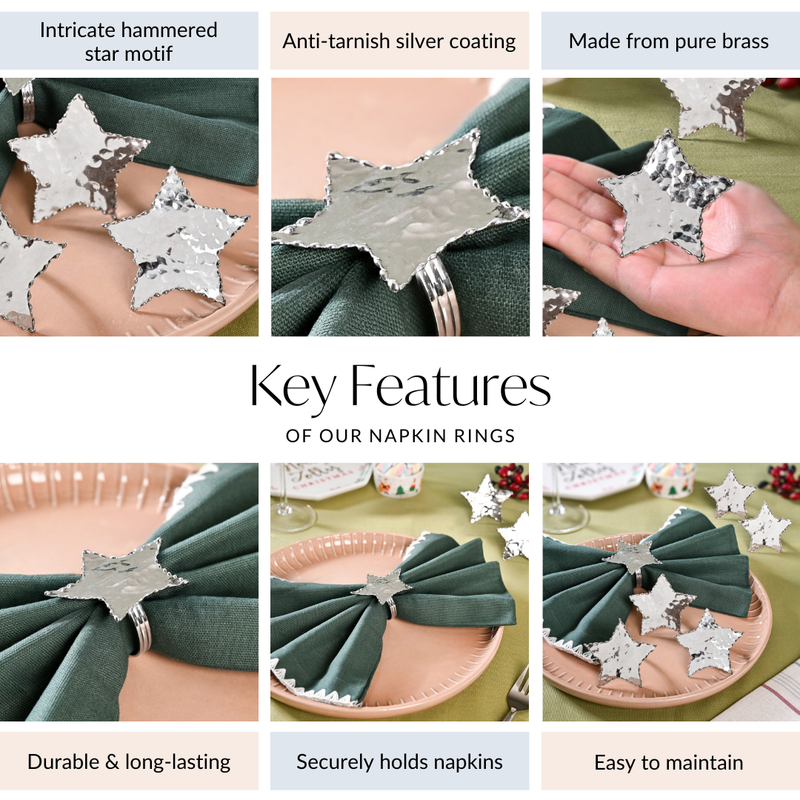 Pure Brass Star Napkin Ring With Silver Polish Set Of 6