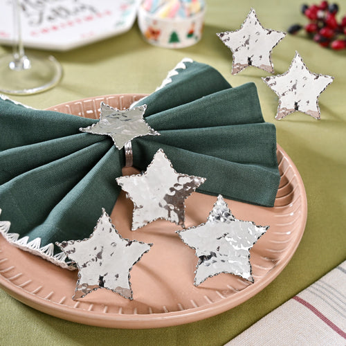 Pure Brass Star Napkin Ring With Silver Polish Set Of 6