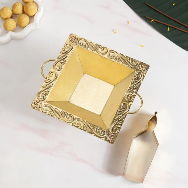 Pure Brass Havan Kund With Handles Spoon And Tongs