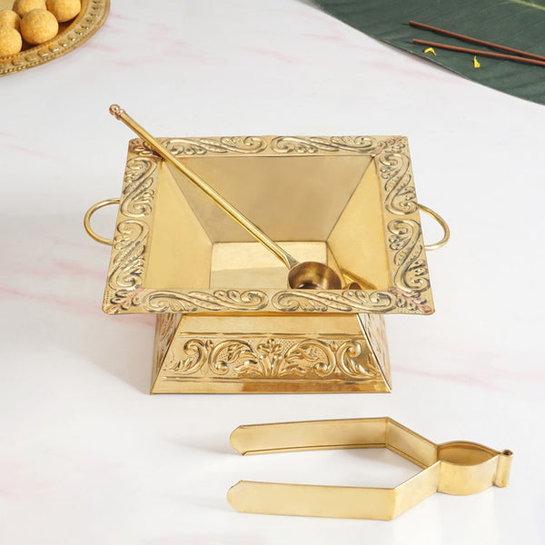 Pure Brass Havan Kund With Handles Spoon And Tongs