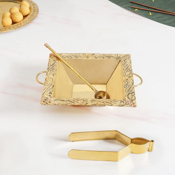 Pure Brass Havan Kund With Handles Spoon And Tongs
