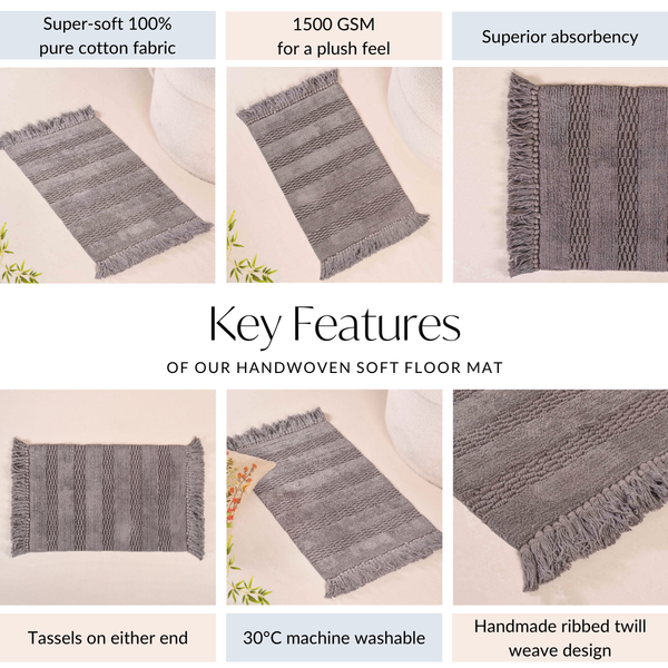 Grey High Absorbent Handcrafted Cotton Floor Mat Set Of 2 31x17 Inch