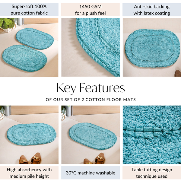 Set Of 2 Tufted Pure Cotton Door Mat Blue 24x16 Inch