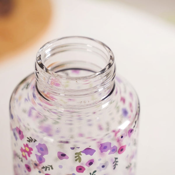 Purple Daisy Leakproof Borosilicate Glass Water Bottle With Lid 1000ml