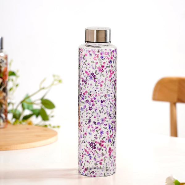 Purple Daisy Leakproof Borosilicate Glass Water Bottle With Lid 1000ml