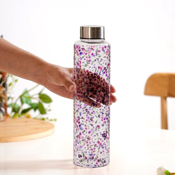 Purple Daisy Leakproof Borosilicate Glass Water Bottle With Lid 1000ml