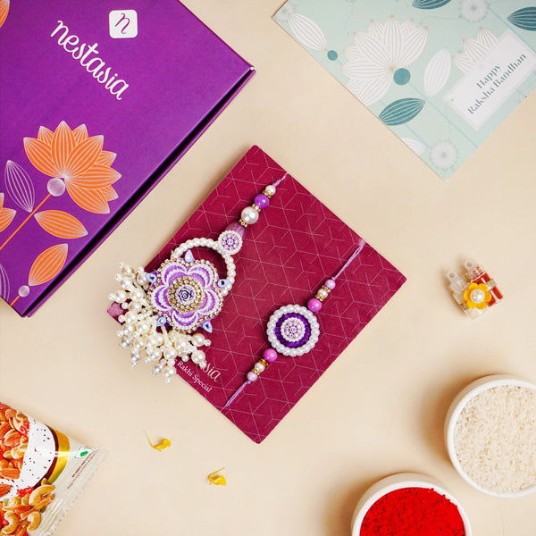Purple Pearl Beaded Rakhi With Floral Lumba For Couples