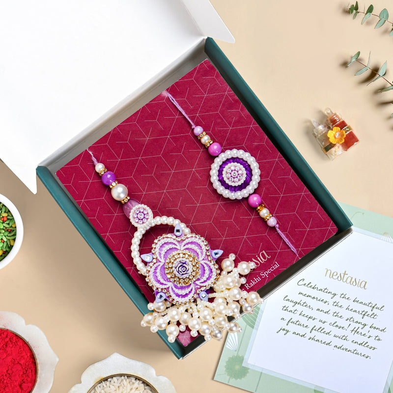 Purple Pearl Beaded Rakhi With Floral Lumba For Couples