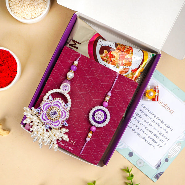 Purple Pearl Beaded Rakhi With Floral Lumba For Couples