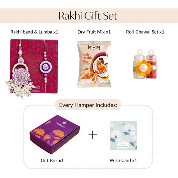 Purple Pearl Beaded Rakhi With Floral Lumba For Couples