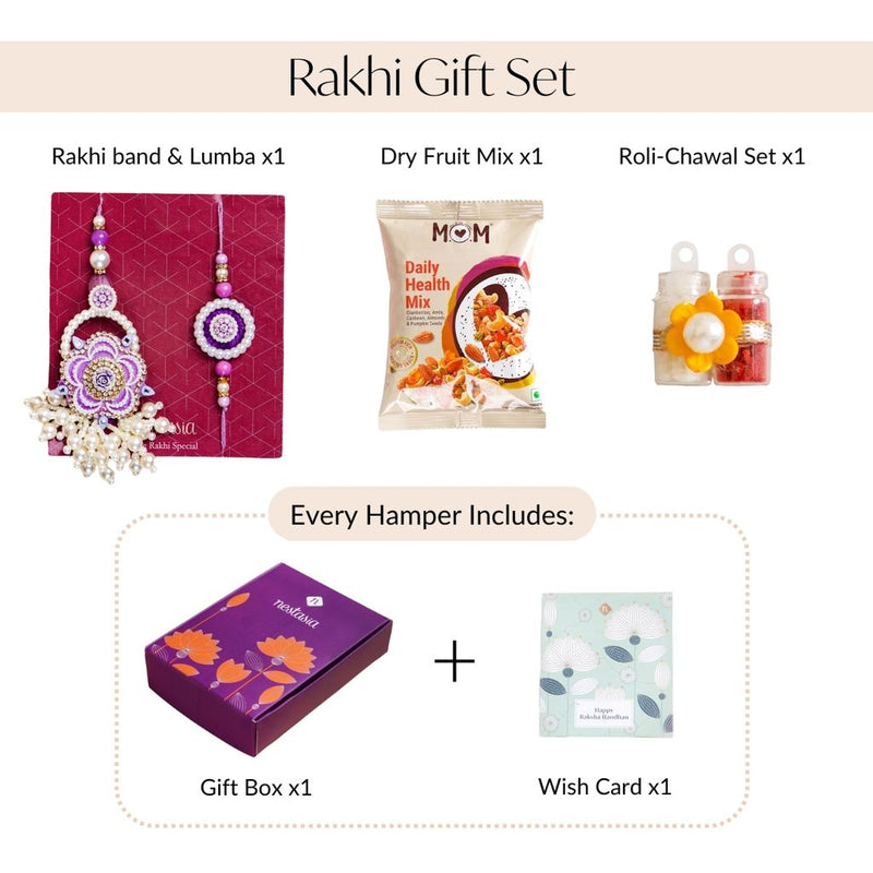 Purple Pearl Beaded Rakhi With Floral Lumba For Couples