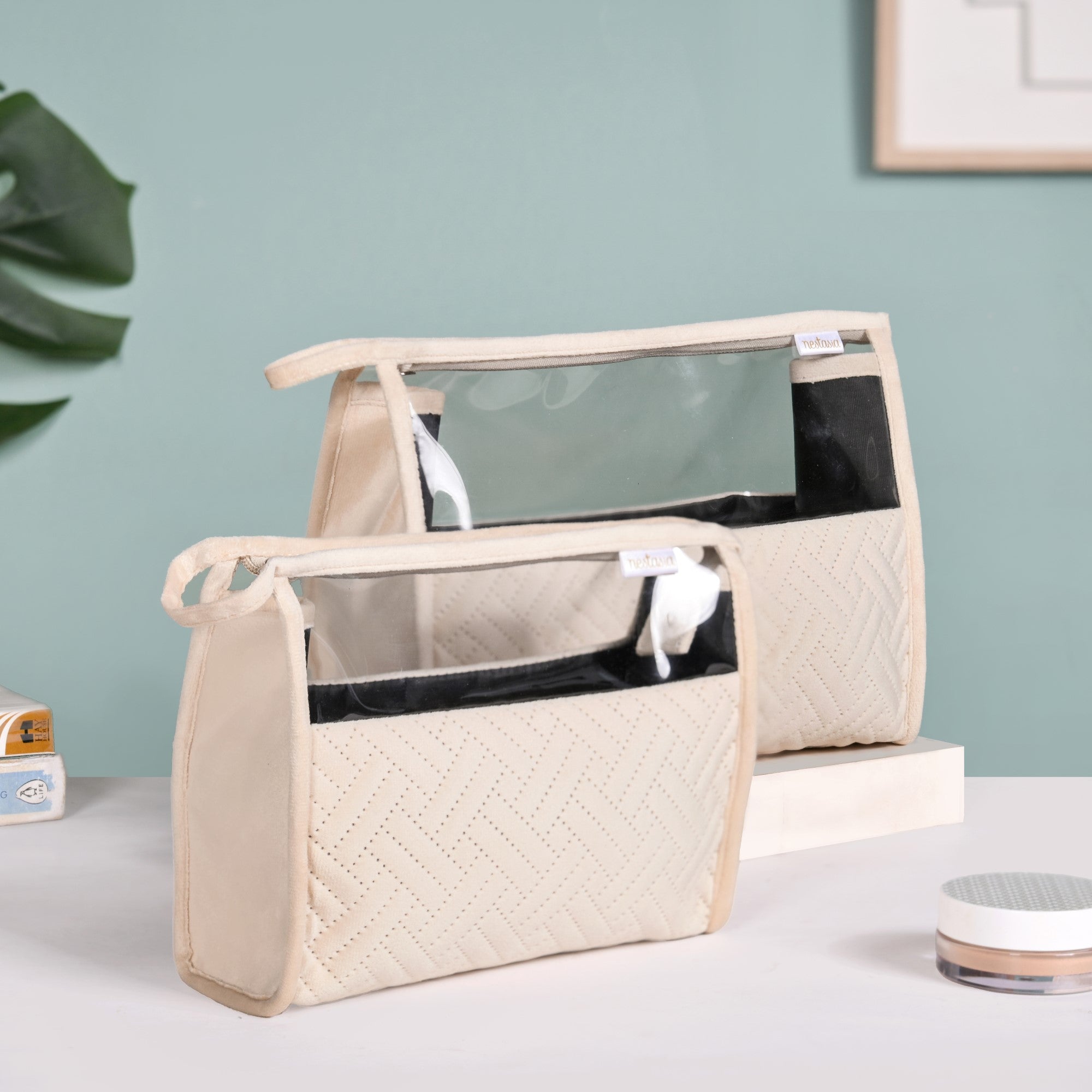 Quilted Cream White Nesting Travel Pouch Set Of 2