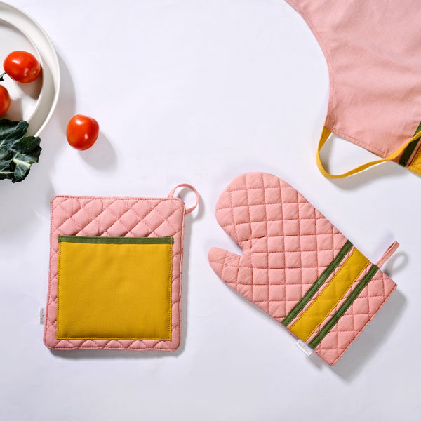 Quilted Pink Apron With Mitten And Pot Holder