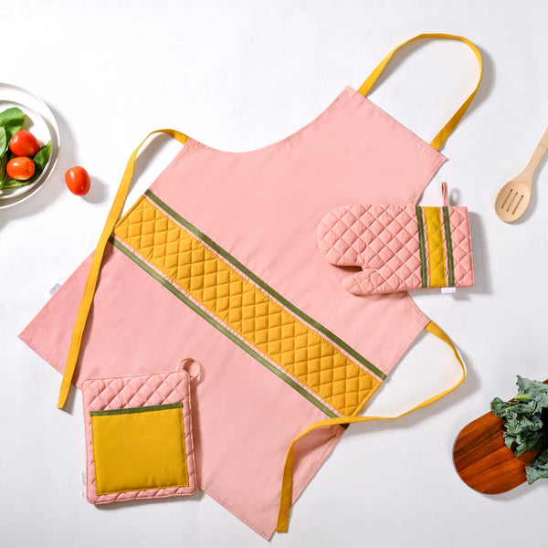 Quilted Pink Apron With Mitten And Pot Holder