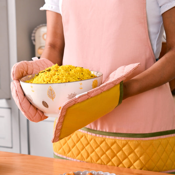 Quilted Pink Apron With Mitten And Pot Holder