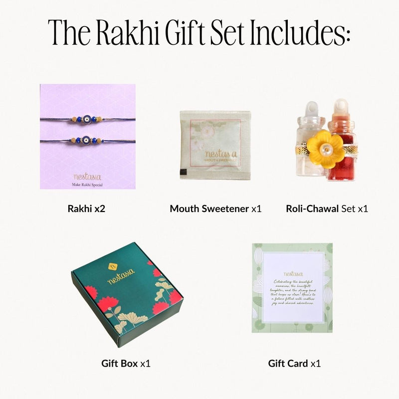 Gold Blue Protective Rakhi Gift Set Of 4 With Box And Card
