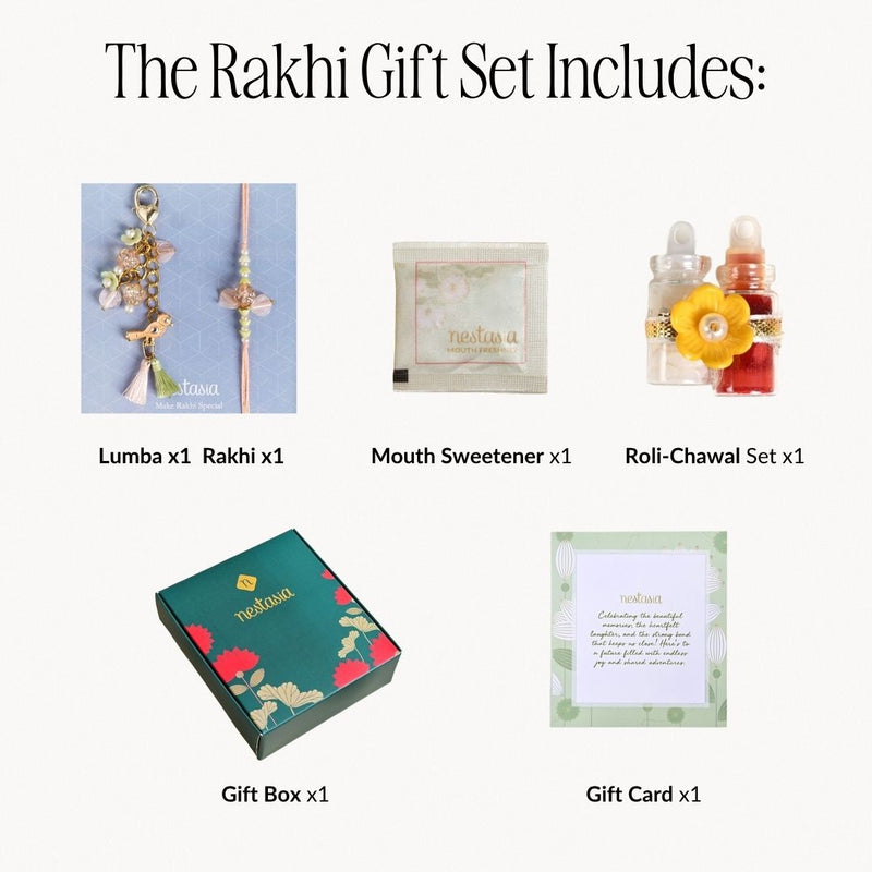 Pink Beads Charm Rakhi And Lumba Set For Couples