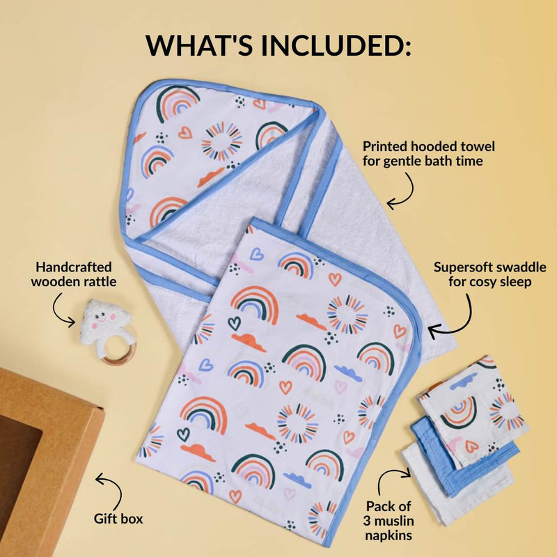 Rainbow Toddler Gift Hamper With Swaddle Towel Napkin Rattle Set Of 6