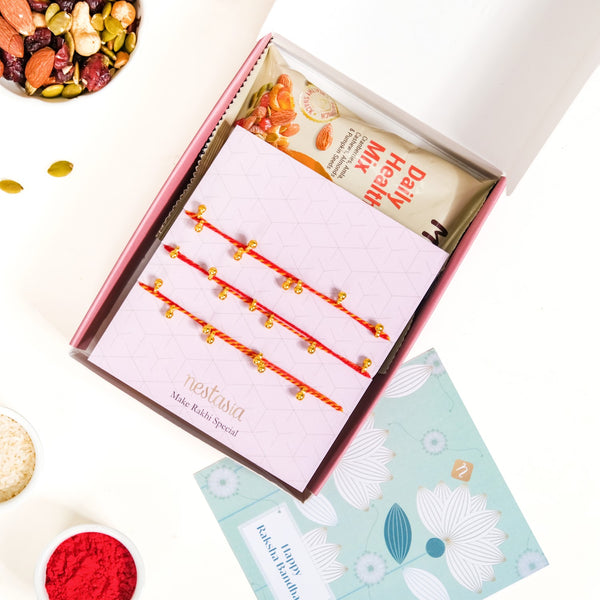 Moli Rakhi Gift Set Of 5 With Box Roli Chawal Dry Fruits And Card