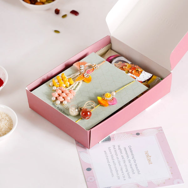 String Of Pearls Rakhi Lumba Hamper Set Of 4 With Gift Box And Card