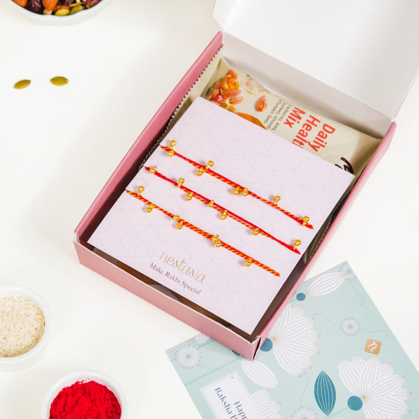 Moli Rakhi Gift Set Of 5 With Box Roli Chawal Dry Fruits And Card