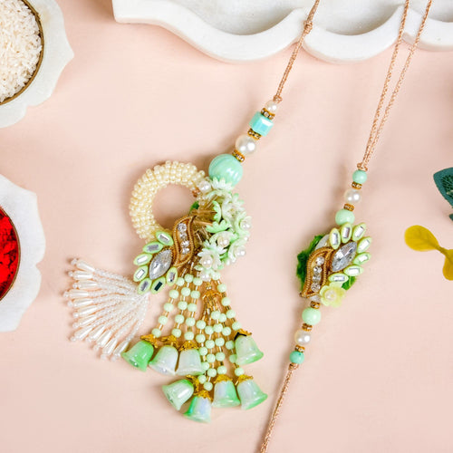 Rakhi And Dangling Pearl Beaded Green Rakhi Lumba Set