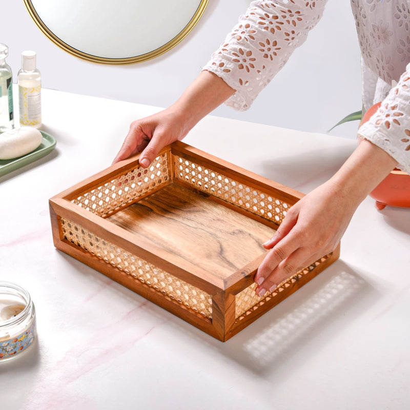 Rattan Cane Rectangular Wooden Tray