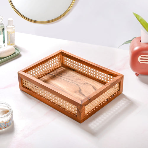 Rattan Cane Rectangular Wooden Tray