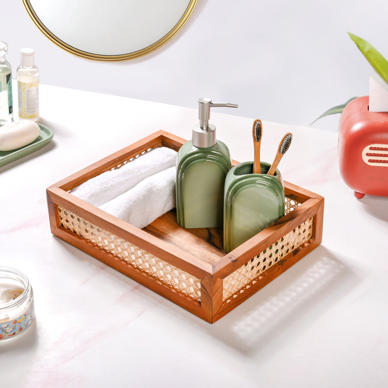 Rattan Cane Rectangular Wooden Tray
