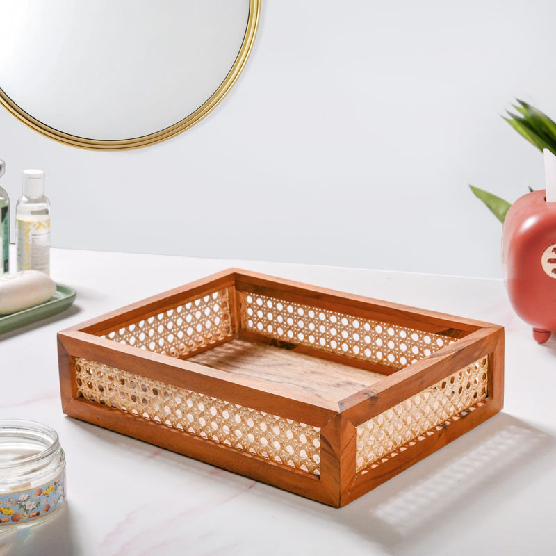 Rattan Cane Rectangular Wooden Tray