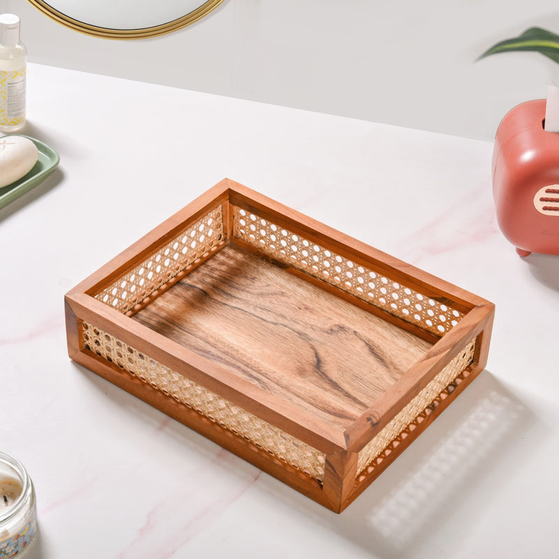 Rattan Cane Rectangular Wooden Tray