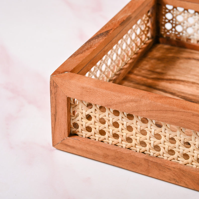Rattan Cane Rectangular Wooden Tray