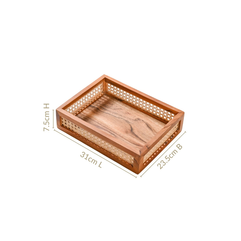 Rattan Cane Rectangular Wooden Tray