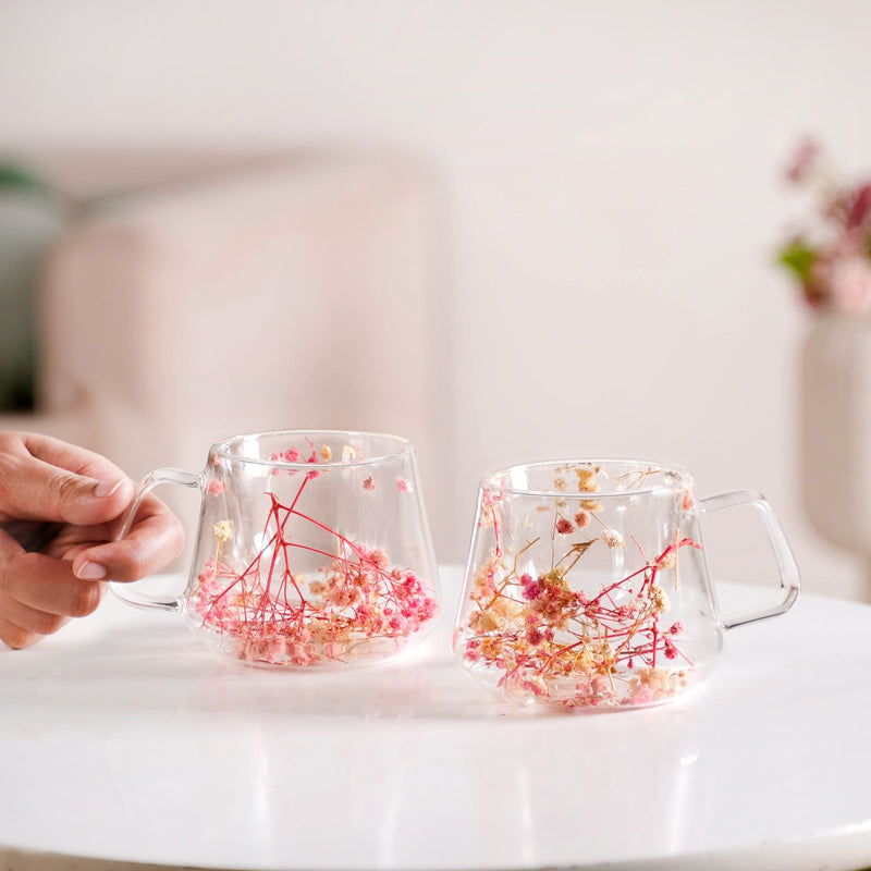 Real Flower Inside Double Wall Glass Cup Set Of 2 250ml