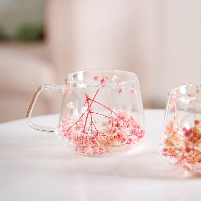Real Flower Inside Double Wall Glass Cup Set Of 2 250ml