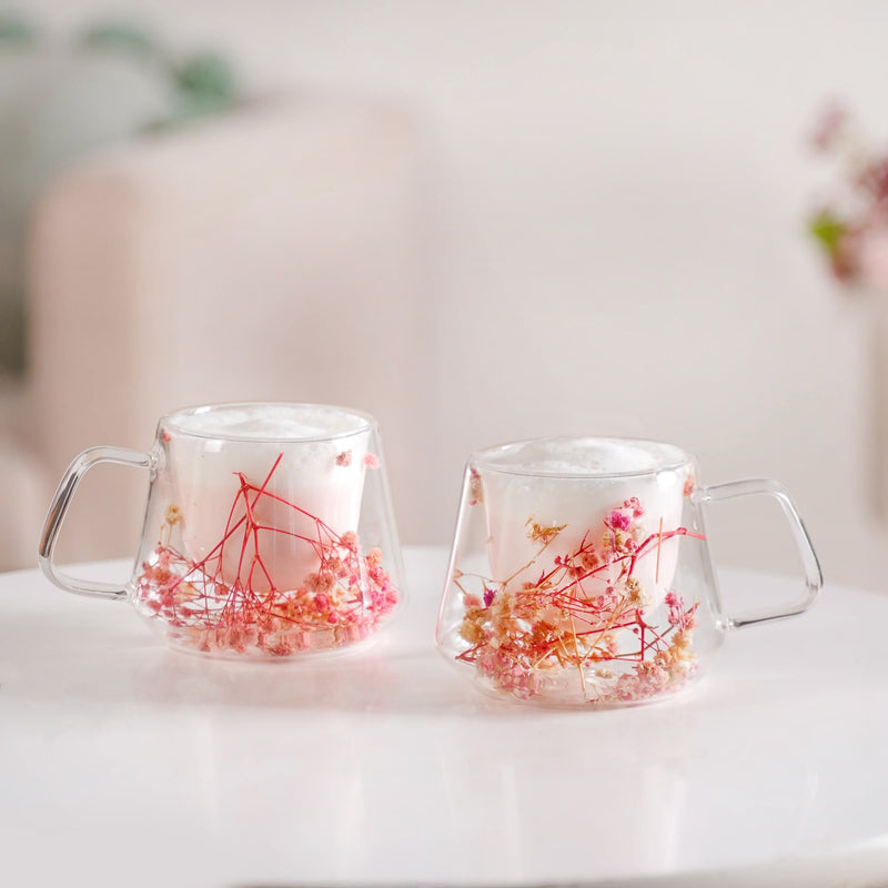 Real Flower Inside Double Wall Glass Cup Set Of 2 250ml