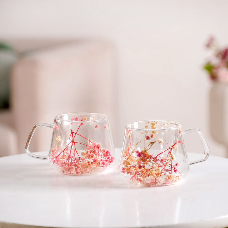 Real Flower Inside Double Wall Glass Cup Set Of 2 250ml
