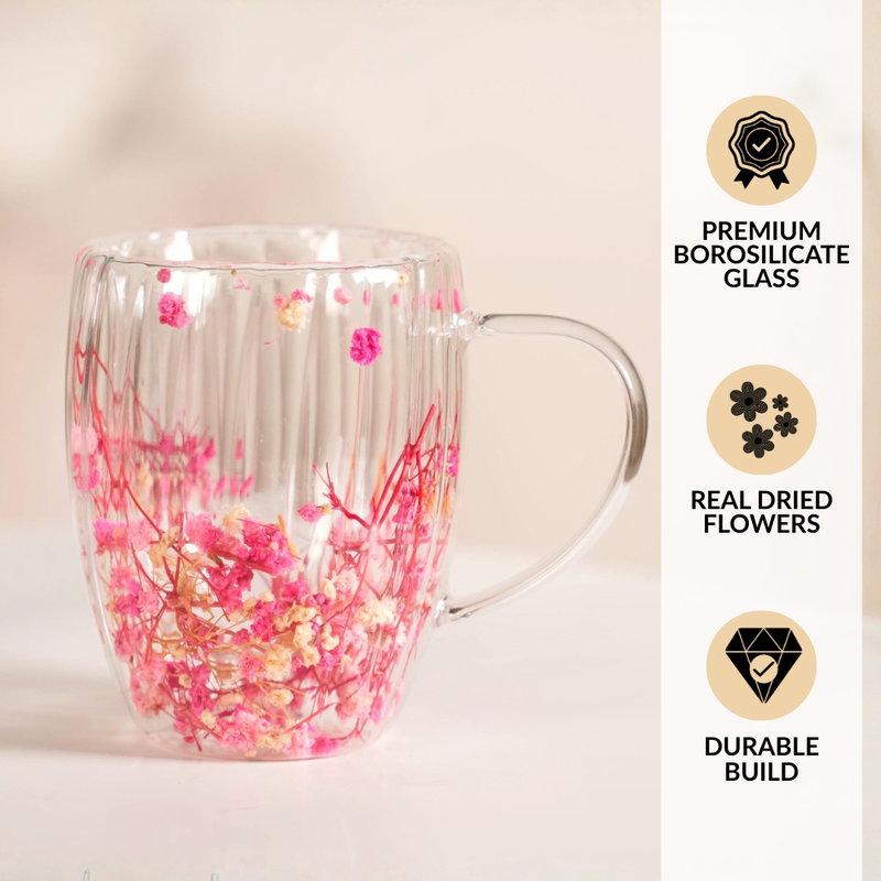 Real Pink Flowers Ribbed Double Walled Mug Set Of 2 350ml