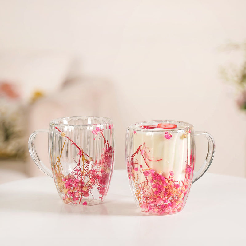 Real Pink Flowers Ribbed Double Walled Mug Set Of 2 350ml