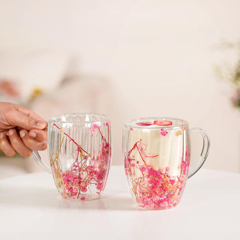 Real Pink Flowers Ribbed Double Walled Mug Set Of 2 350ml