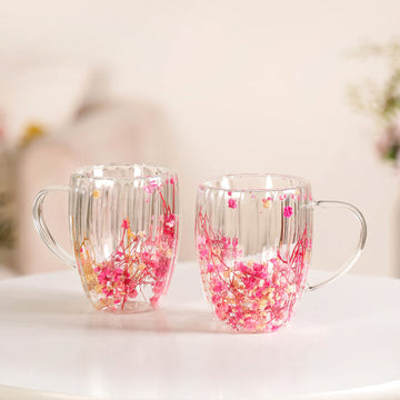 Real Pink Flowers Ribbed Double Walled Mug Set Of 2 350ml