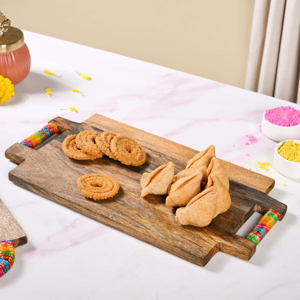 Rectangle Acacia Wood Serving Platter With Gold Zari Work