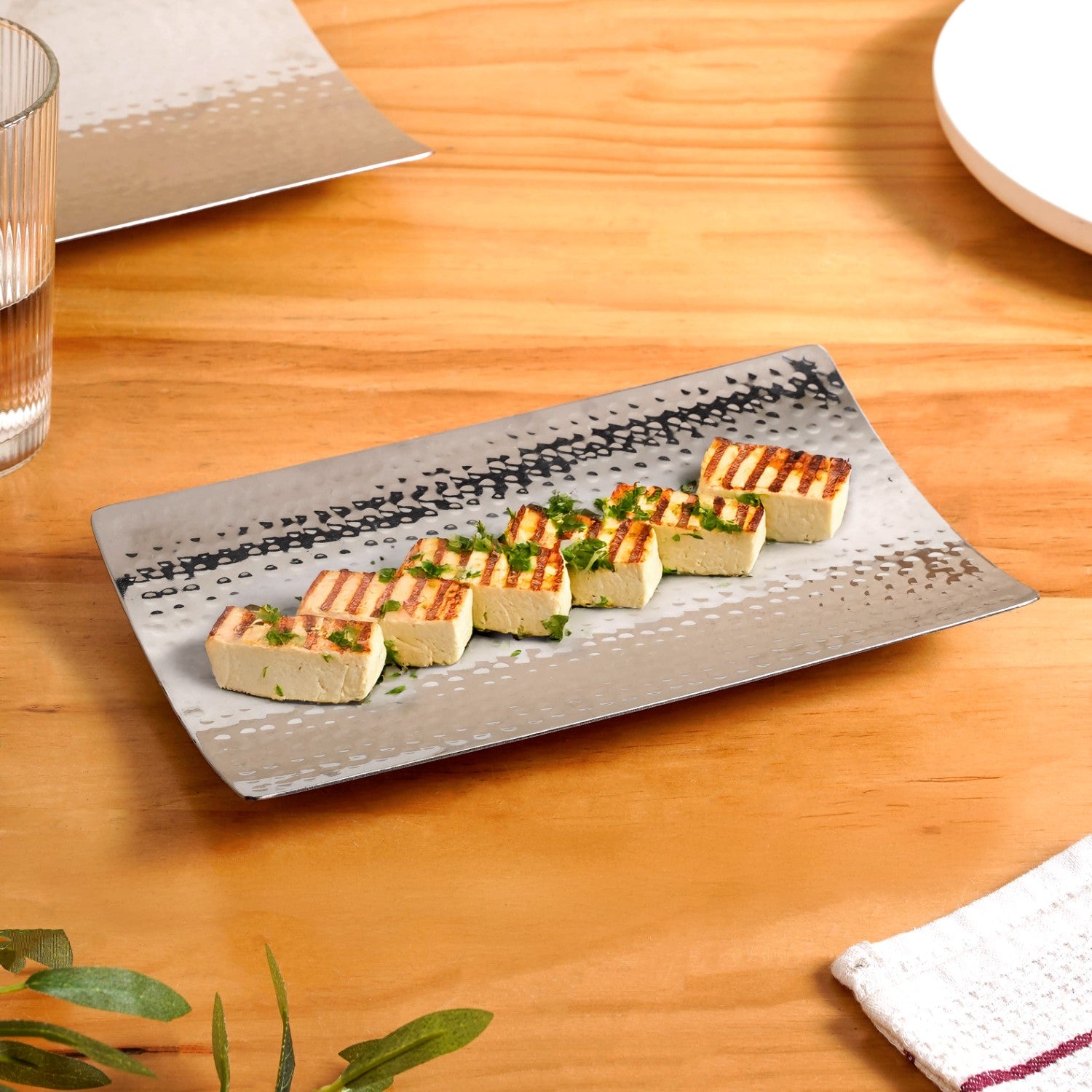 Curved Stainless Steel Hammered Food Platter 25x15cm