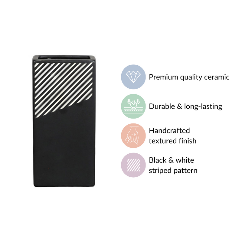 Black And White Stripes Vase- Flower vase, ceramic vase, decorative vase, blue flower vase, modern flower vase