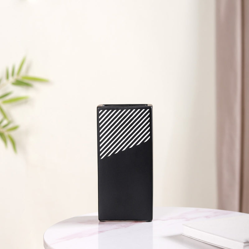 Black And White Stripes Vase- Flower vase, ceramic vase, decorative vase, blue flower vase, modern flower vase