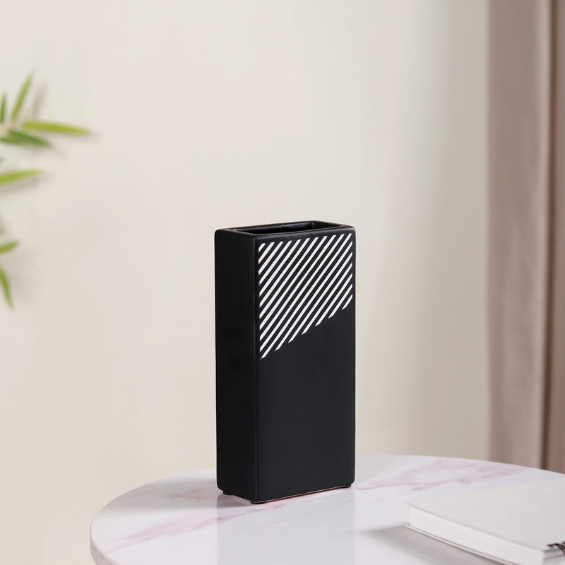 Black And White Stripes Vase- Flower vase, ceramic vase, decorative vase, blue flower vase, modern flower vase