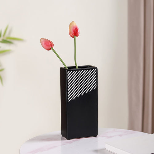 Black And White Stripes Vase- Flower vase, ceramic vase, decorative vase, blue flower vase, modern flower vase
