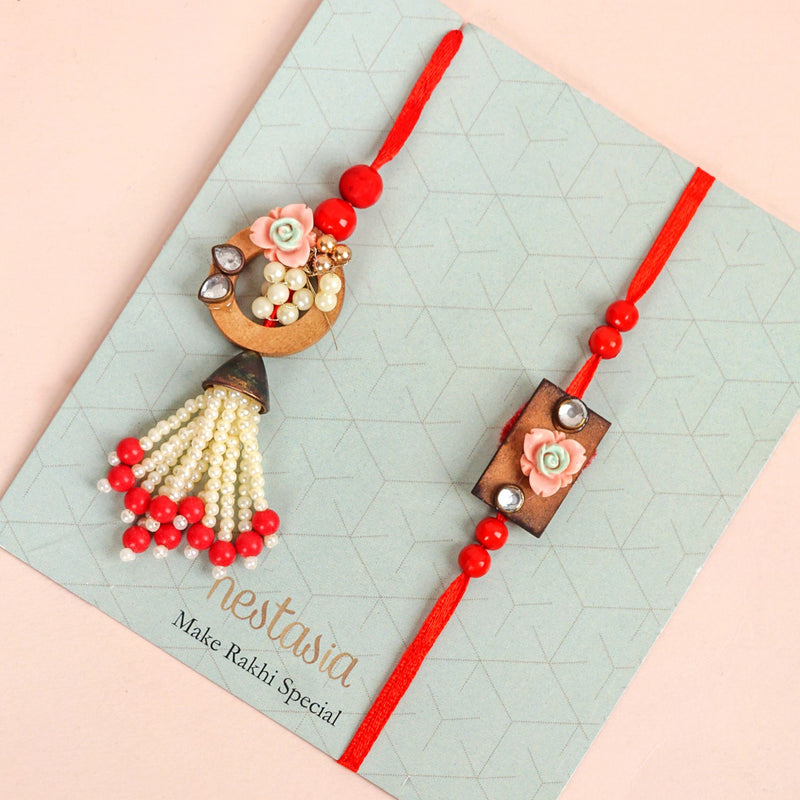 Red Beads Rustic Charm Rakhi Lumba Gift Set