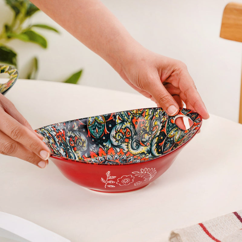 Red Mandala Ceramic Long Dish With Handles 400ml