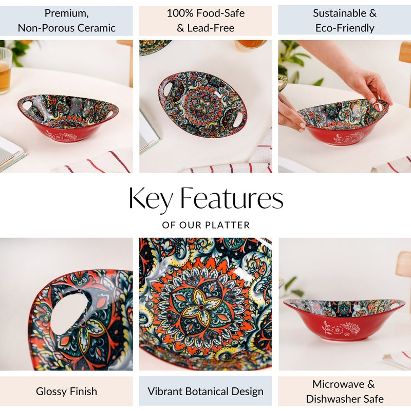 Red Mandala Ceramic Long Dish With Handles 400ml